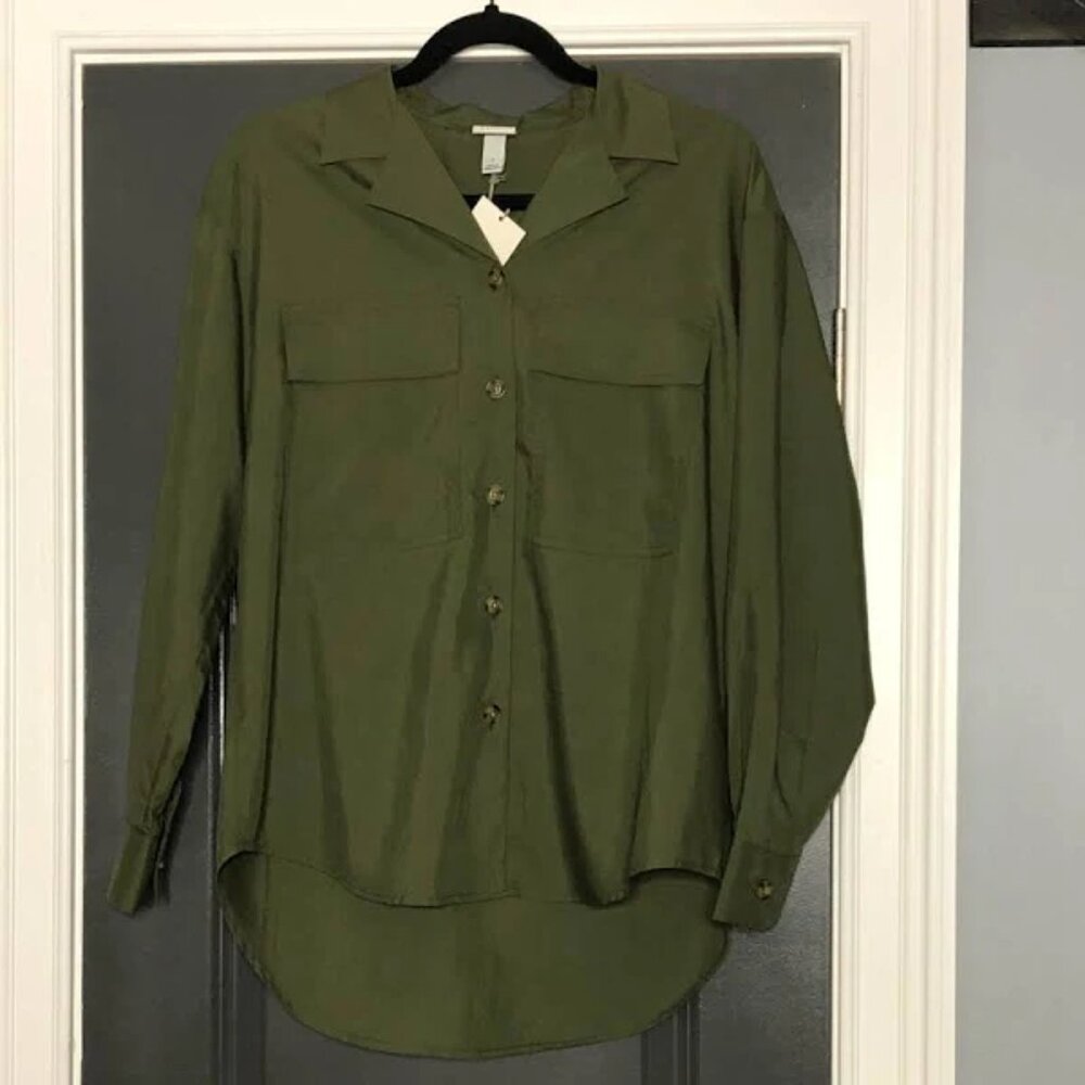 A New Day Women’s Button Up Shirt Small S Green Long Sleeve Casual Work Blouse